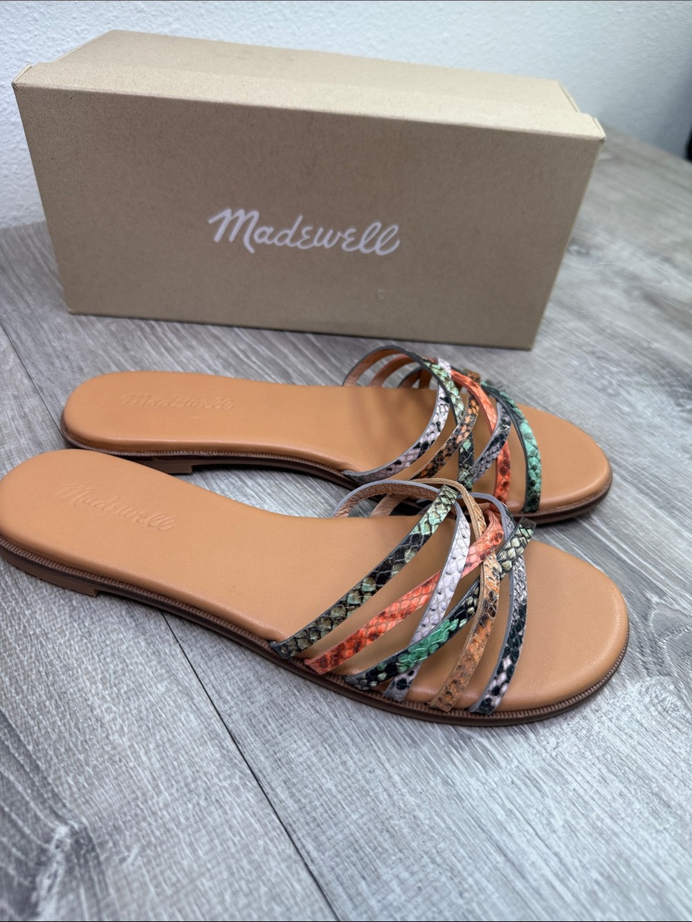 Madewell Tan Footbed Multicolor Snake-Print Strappy Slides - Picture 1 of 6